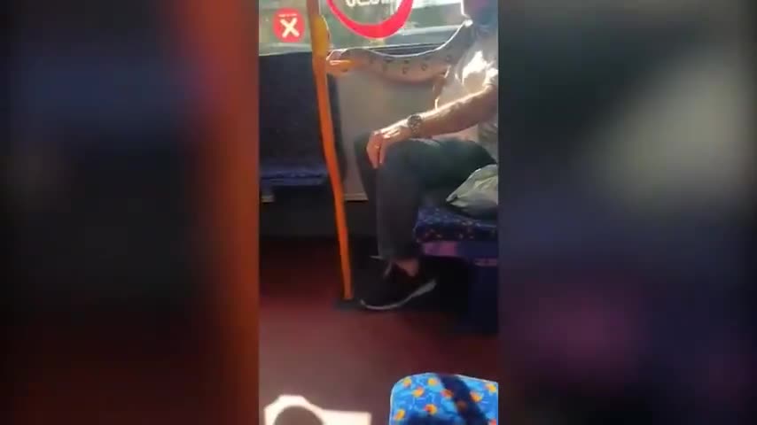 Dans le bus, un homme utilise un serpent comme masque (Angleterre)