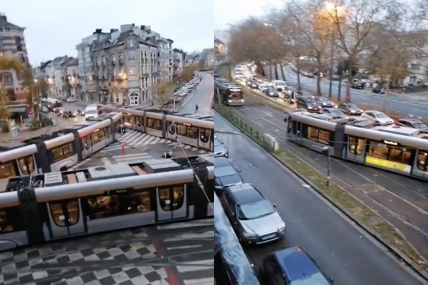 Trois tramways se bloquent à un carrefour (Bruxelles)