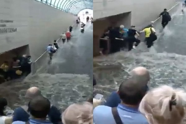 Un torrent d'eau dans le métro de Kiev